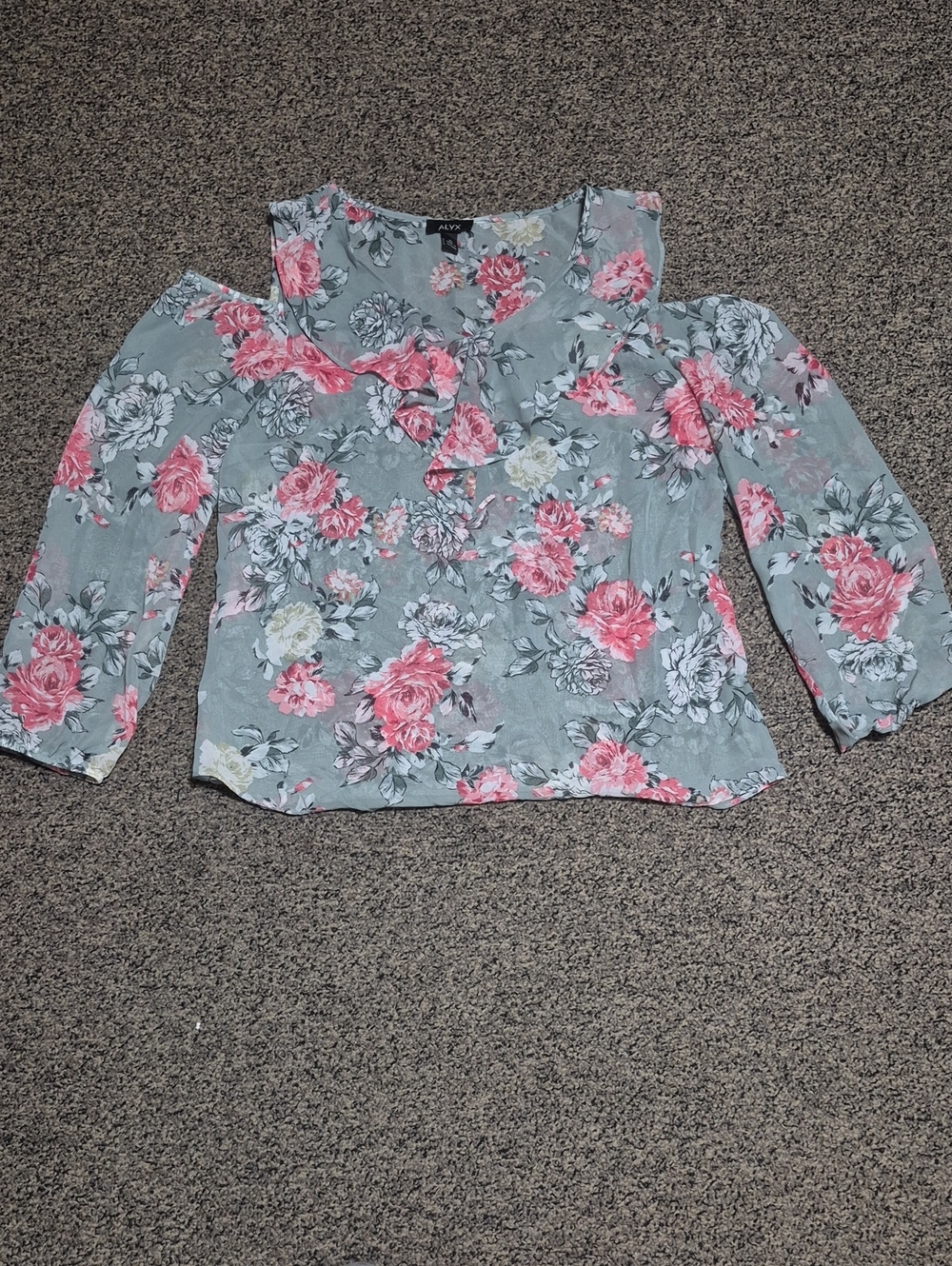 Alyx Sage Green Cold-Shoulder Blouse with Pink Floral Print